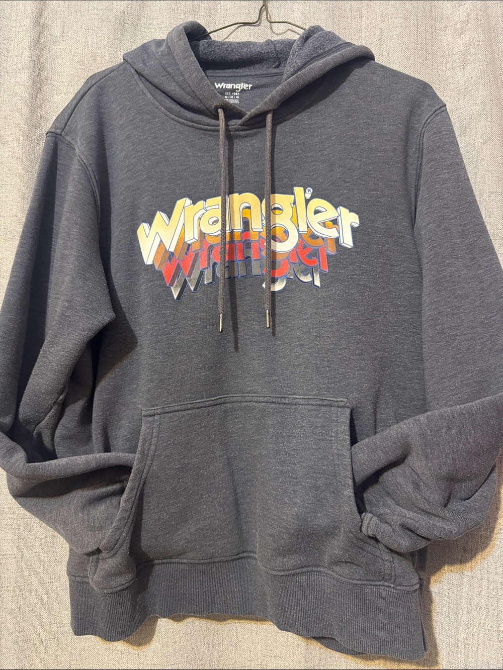 Wrangler Men's Charcoal Hoodie with Retro Multicolor Logo